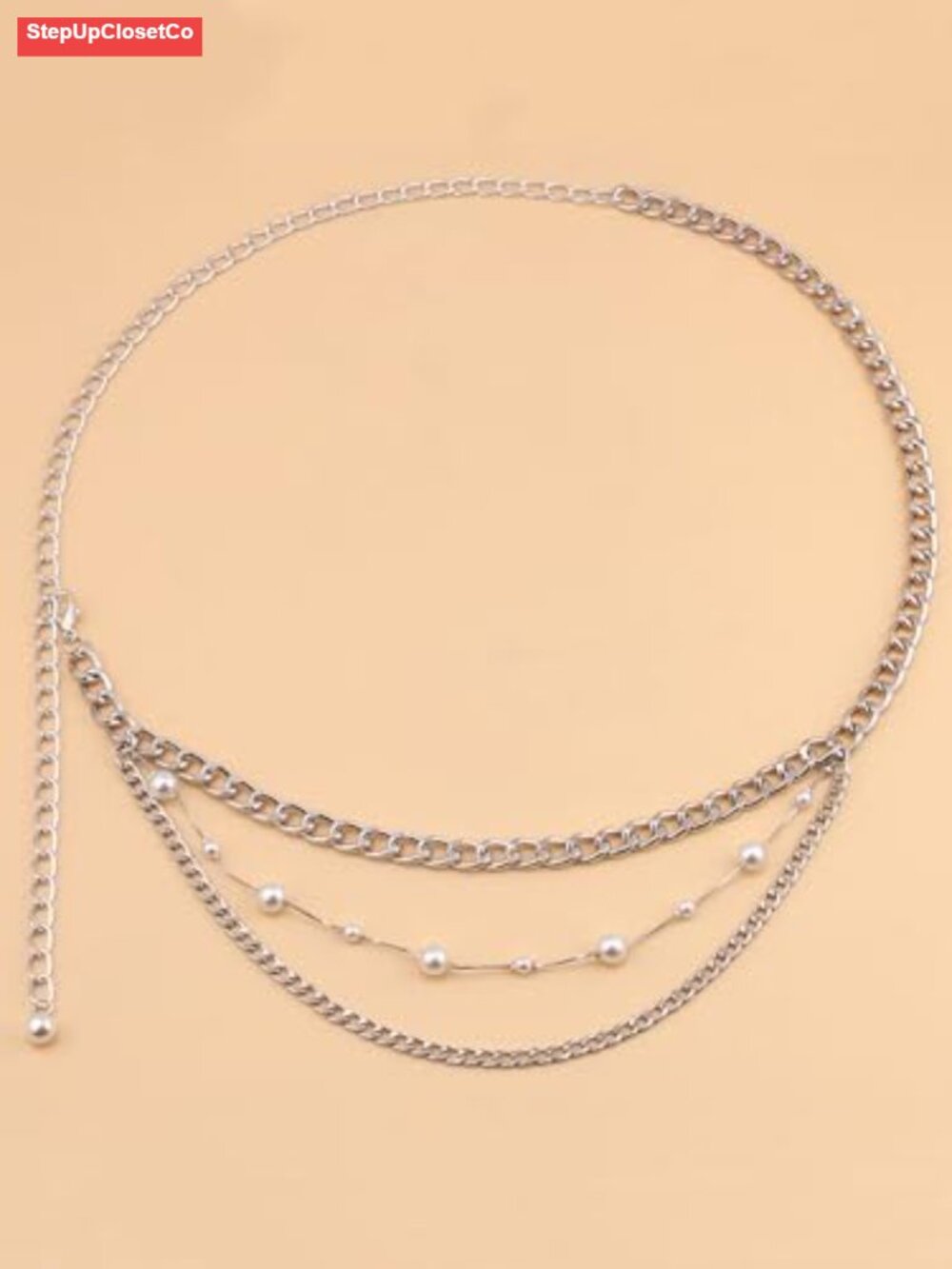 Women Body Chain Belt with Pearl, Silver Alloy Waist Chain, Plus Size Layered - Picture 5 of 6